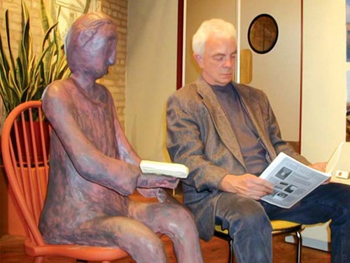 SCULPTURE ON LEFT SCULPTOR ON RIGHT by landus schultz